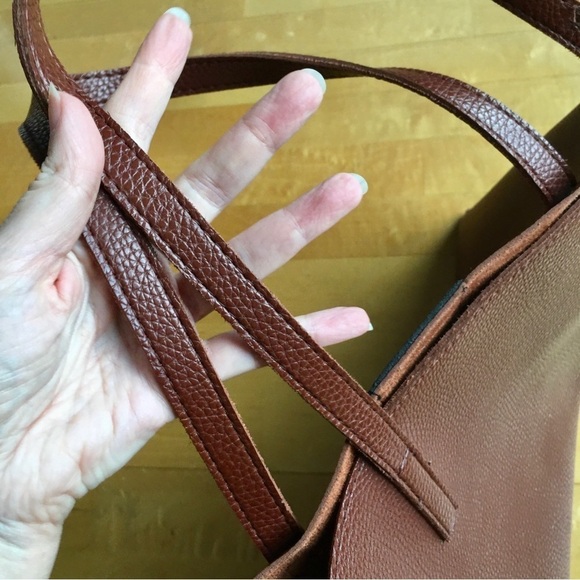 Vince Camuto Brown Pebble Vegan Faux Leather Shoulder Tote, Black Stripe - Picture 8 of 17